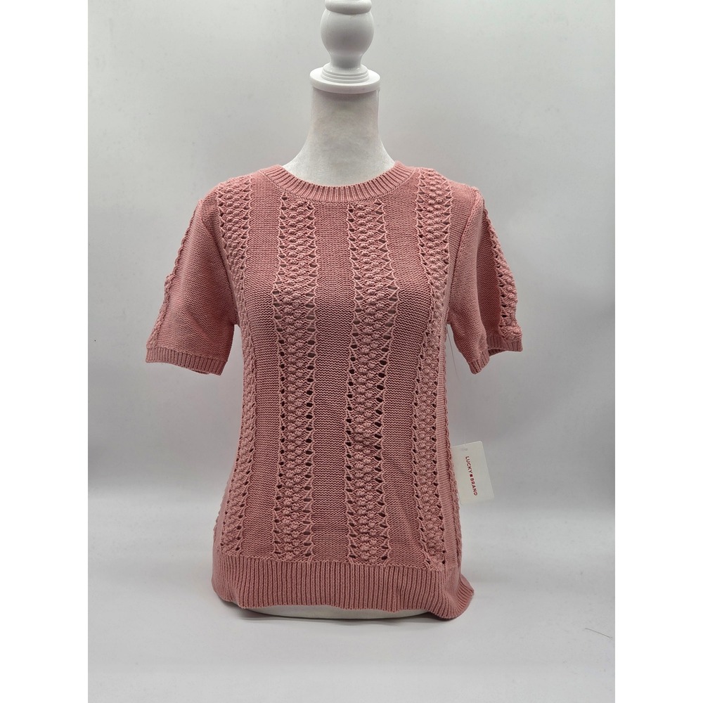 Lucky Brand Women's M Dusty Rose Cotton Open Knit Short Sleeve Sweater 101-540